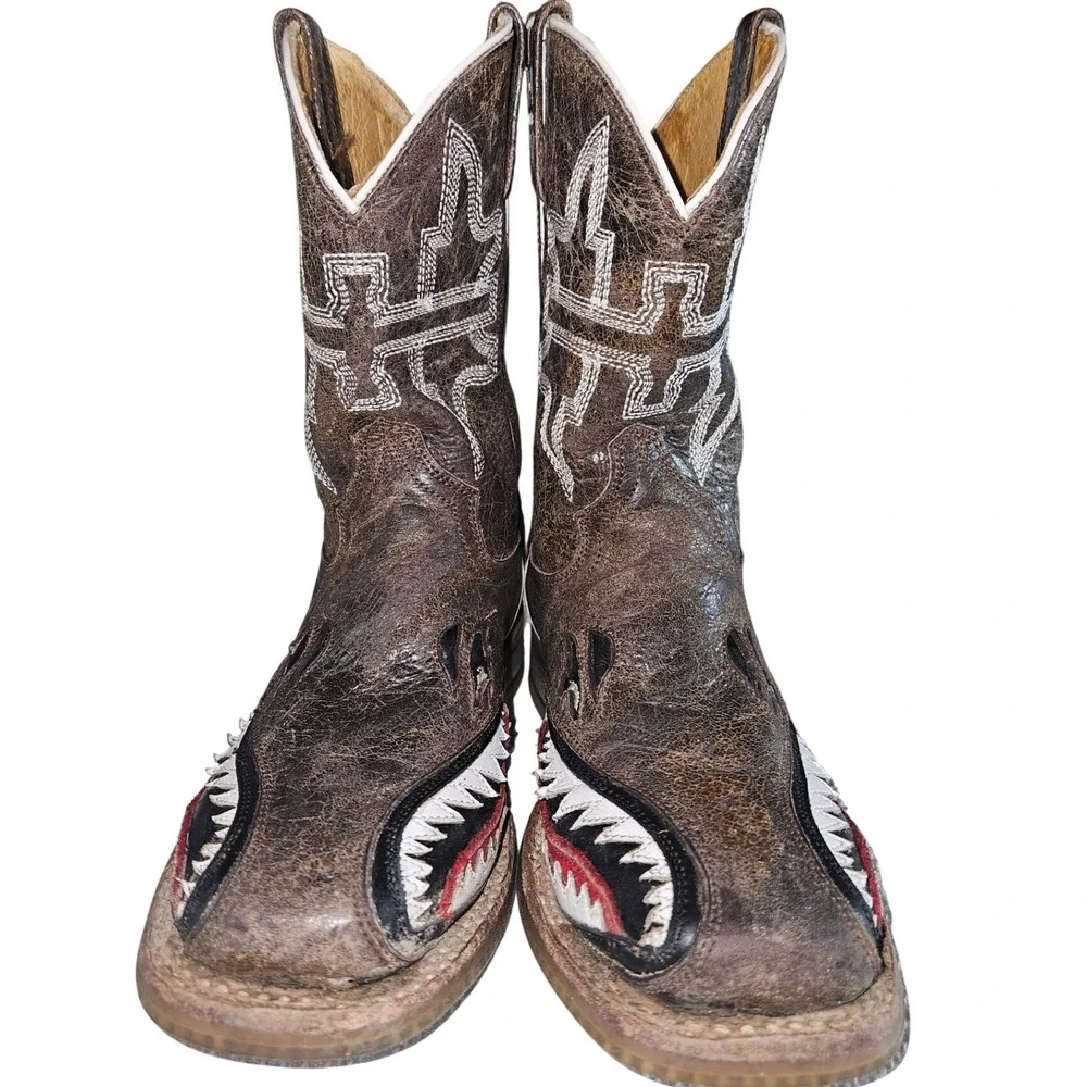 Tin Haul Kids Sharky Brown Leather Western Cowboy Boots Size 6 14-12-0297-712